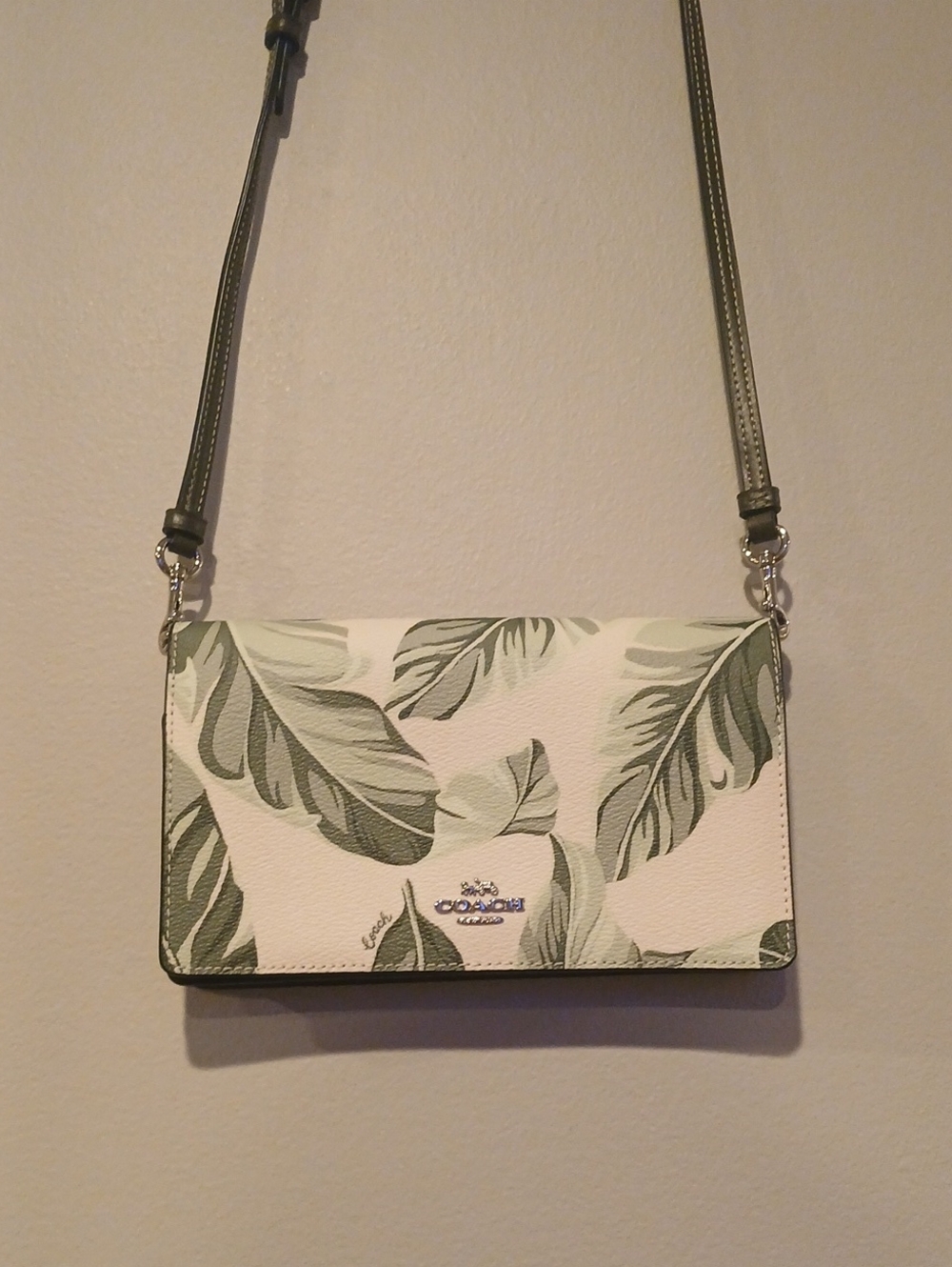 Coach White and Green Leaf Print Crossbody Wallet